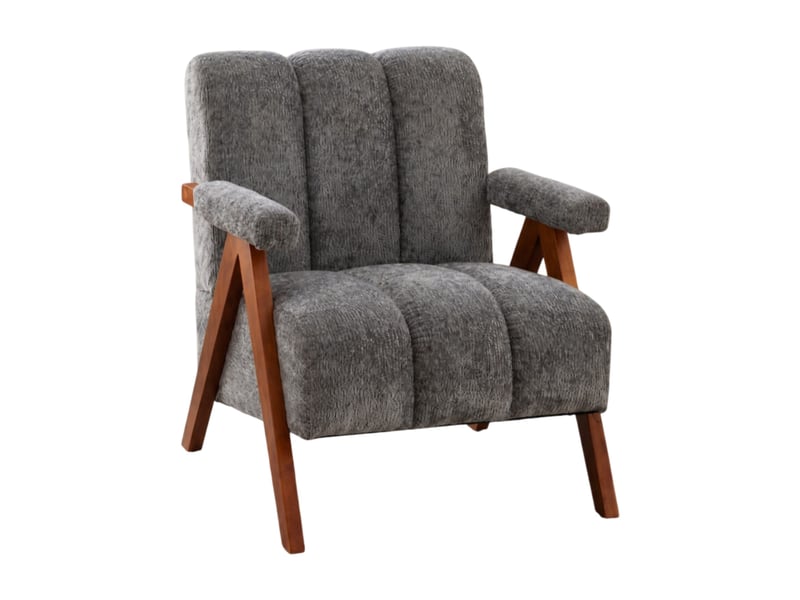 Fauteuil bouclé avec accoudoirs, assise rembourrée en mousse et cadre en chêne massif, tissu bouclé gris - Conforama A