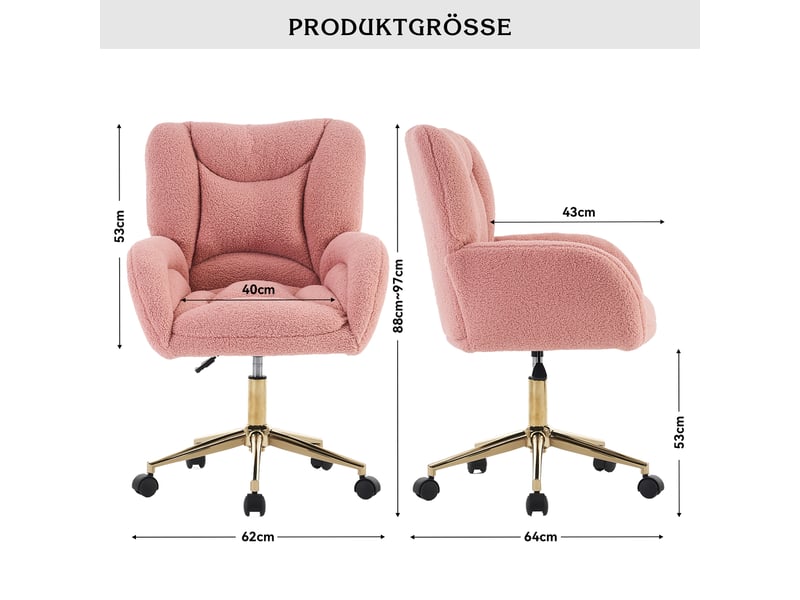  Chaise de bureau pivotante réglable avec roulettes 360° et base métallique, en tissu teddy, rose  - Conforama D