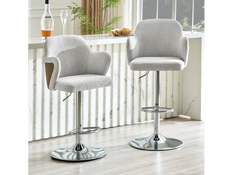 Tabouret de bar lot de 2 pivotant réglable en hauteur avec accoudoirs et repose-pieds, en tissu gris  - Conforama B