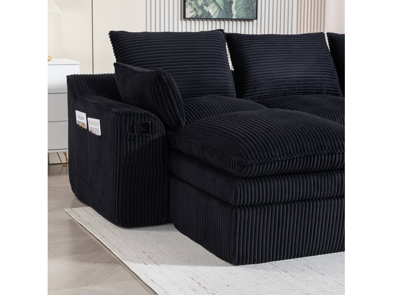  Canapé d'angle modulaire 4 places en velours côtelé noir avec 2 poufs et poches latérales, confort durable  - Conforama E