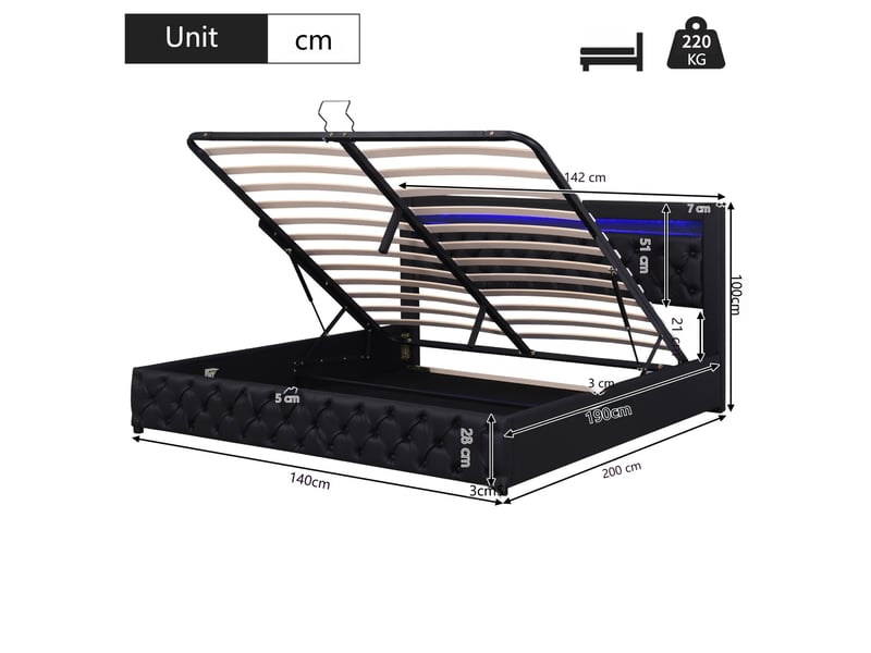  Lit coffre capitonné 140 x 190 cm avec sommier à lattes et éclairage led noir en pu  - Conforama E