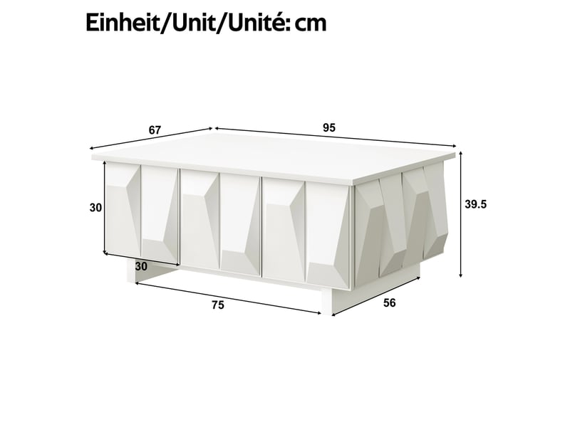  Table basse de salon 95x67x39,5 cm avec rangement, 3 portes, façades à structure 3d, panneau de particules, blanc  - Conforama C