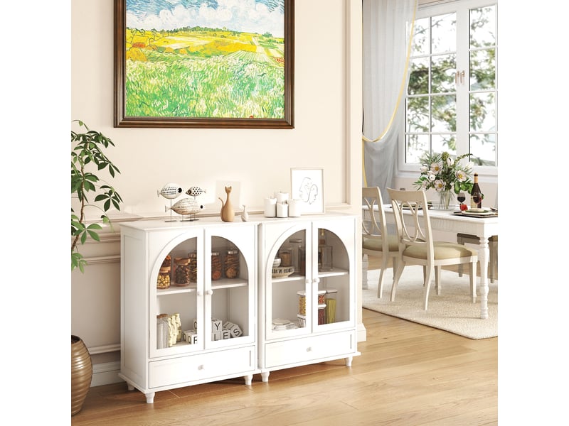 Buffet de cuisine - 71x38x93,5 cm - meuble de rangement style maison de campagne avec portes vitrées cintrées et tiroir - blanc - Conforama D