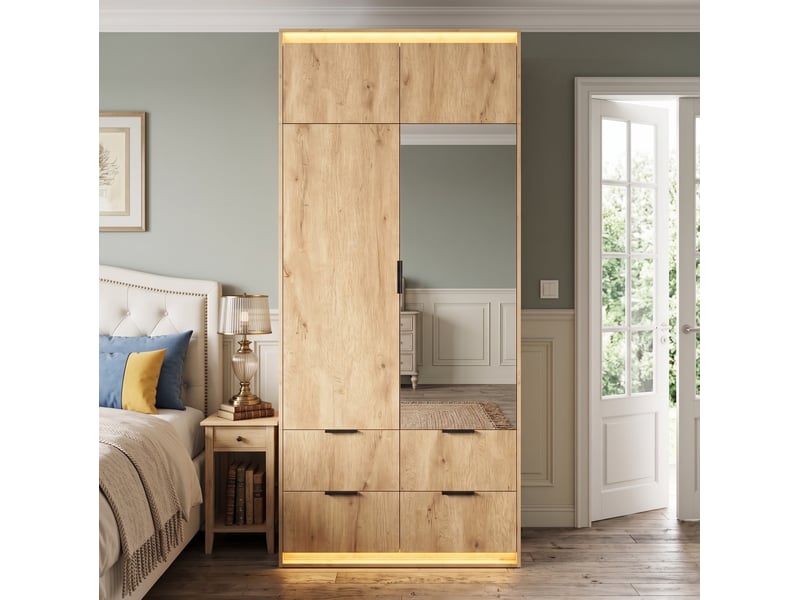  Armoire 2 portes avec penderie, miroir, led et 4 tiroirs homvra  - Conforama C