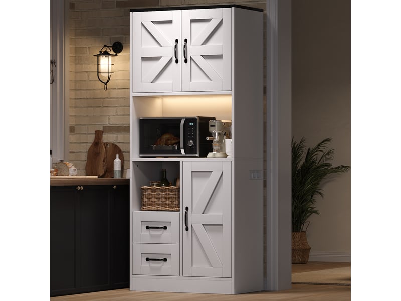 Buffet haut 72x40x173 cm avec 3 portes style grange et 2 tiroirs, led rgb et prises en mdf couleur blanc - Conforama B