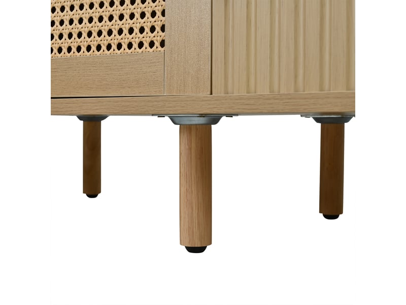 Meuble tv 180 cm pour écran jusqu'à 75 pouces, 2 portes coulissantes, tiroir rotin, bois clair - Conforama E