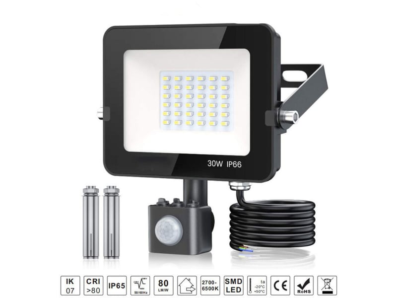  30w projecteur led détecteur de mouvement 6500k blanc froid ip66 pour jardin, garage  - Conforama E