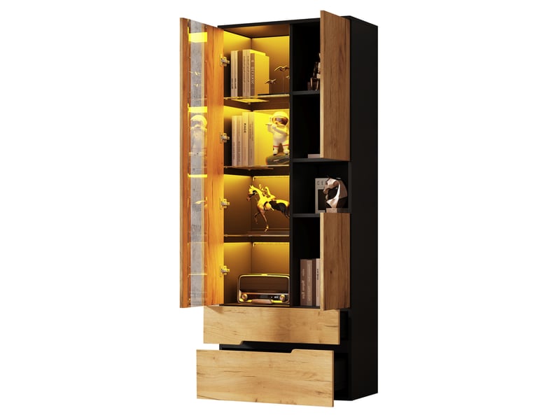  Vitrine 70x35x180 cm avec éclairage led, 3 portes et 2 tiroirs, structure en mdf bois naturel et noir, rangement multifonction  - Conforama A
