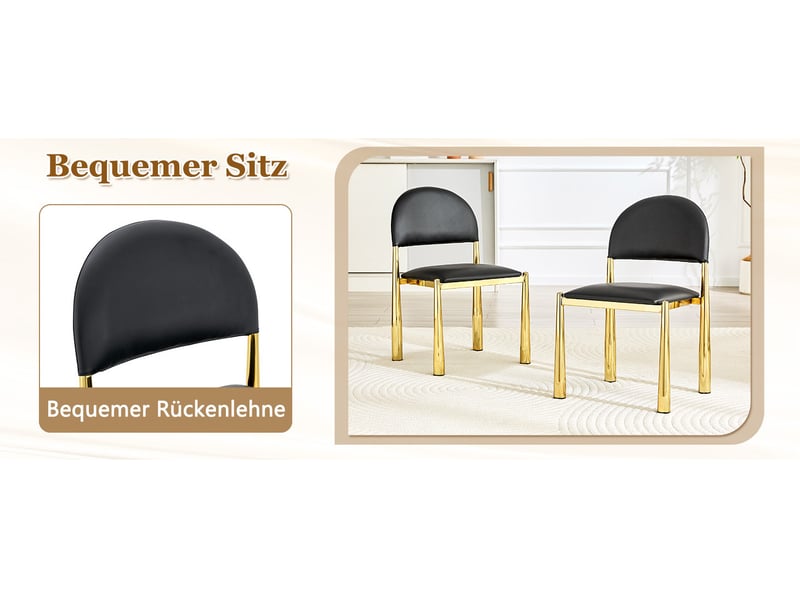 Lot de 2 chaises de salle à manger noires avec dossier semi-circulaire, assise en polyuréthane et pieds en métal doré - Conforama D