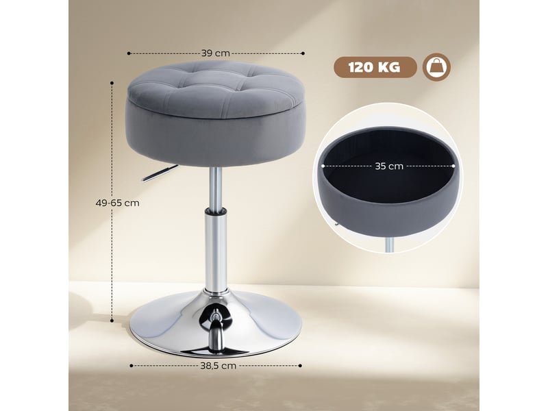  Tabouret bar bistrot avec rangement, pivotant, cuisine réglable, velours, 39x39x65 cm, gris.  - Conforama E