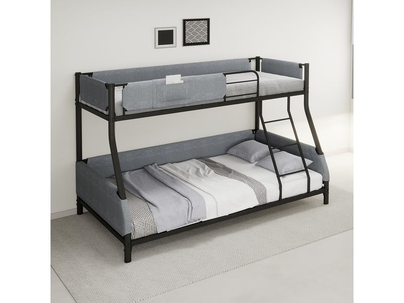 Lit superposé noir et gris - 140x190 cm, structure métallique robuste avec poche de rangement en lin amovible - Conforama B