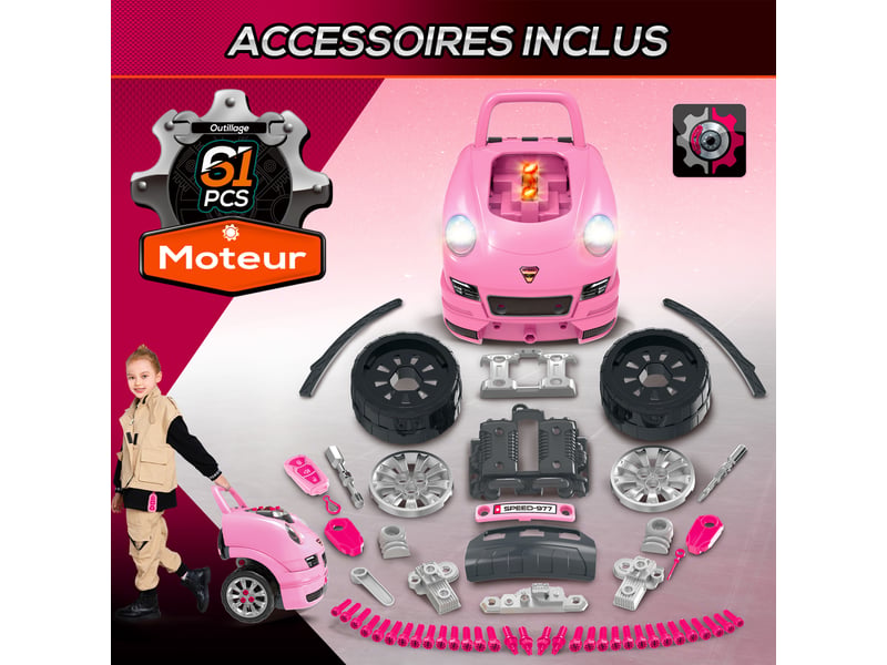  Camion mécano 2 en 1 jouet bricolage enfant jeu d'imitation mécanicien nombreux qccessoires total de 61 pièces rose  - Conforama E
