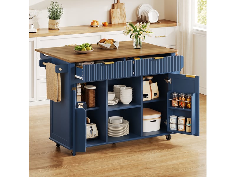 Desserte de cuisine bleu et marron avec plateau rabattable, 2 tiroirs, 2 portes et roulettes  - Conforama B