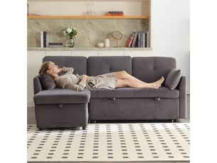 Canapé modulable d'angle convertible avec rangement, tissu côtelé gris foncé, structure bois massif, dimensions 206x108x66 cm