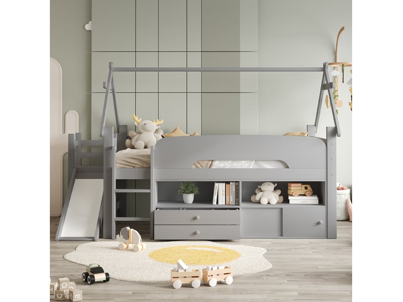 Lit mezzanine 90x200 cm, toboggan, rangements, cadre en bois forme maison, 2 tiroirs, gris, sécurisé - Conforama B