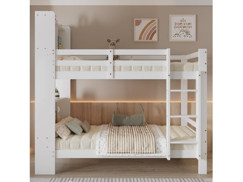 Lits superposés enfant 90x200 cm, avec espace de rangement, garde-corps, 2 sommiers, bois blanc, sécurisé, sans matelas - Conforama B