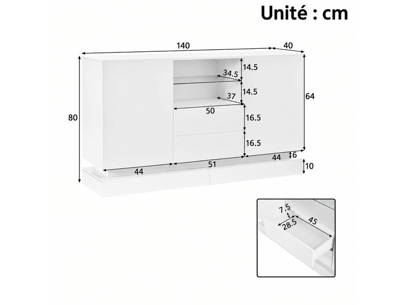  Buffet blanc brillant 140 cm avec éclairage led commandé par application  - Conforama C