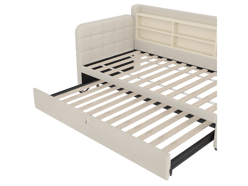  Lit banquette 90x200 en lin beige - lit gigogne extensible 180x200 avec ports usbtype c et rangements  - Conforama R