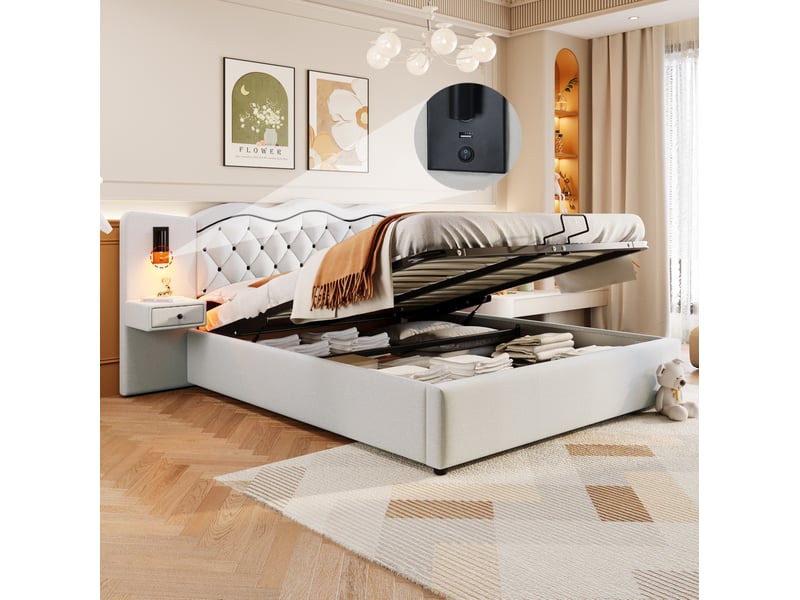  Lit coffre 2 places180x200 cm avec tête de lit, éclairage et usb beige  - Conforama B