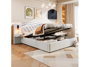 Lit coffre 2 places180x200 cm avec tête de lit, éclairage et usb beige