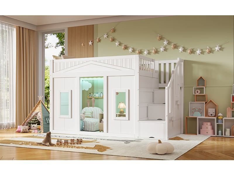  Lit mezzanine 90 × 200 cm, cabane avec fenêtres, escalier de rangement et led, en pin, contreplaqué et mdf, blanc  - Conforama B
