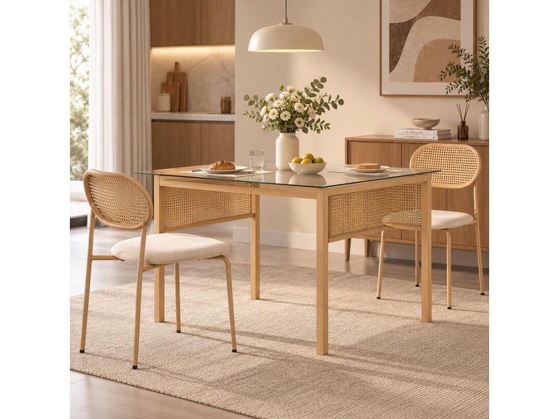 Lot de 2 chaises de salle à manger, design bohème pour cuisine salon, dossier rotin naturel, assise rembourrée, naturel - Conforama C