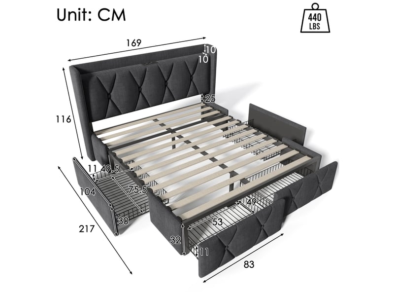  Lit 2 places 160x200 cm, sans matelas, lin gris, port usb, sommier à lattes, tête de lit, doté de 4 tiroirs  - Conforama C