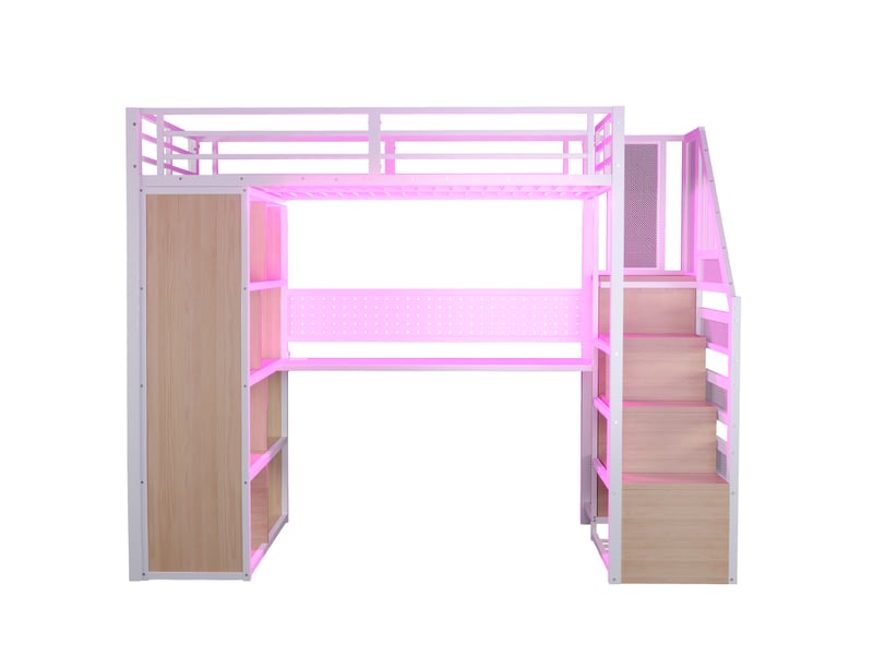 Lit mezzanine lit enfant simple 90x200 cm avec escalier rangement, bureau, penderie, avec led, métal, blanc sans matelas  - Conforama R