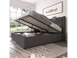 Lit double avec rangement gris 140x200, tête de lit géométrique usb et type-c, structure robuste et coffre