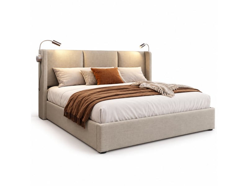  Lit double rembourré 140x200 cm avec coffre de rangement, tête de lit avec liseuse et usb, sommier à lattes, revêtement en lin, sans matelas IKSETERA TRADING LTD - Conforama A