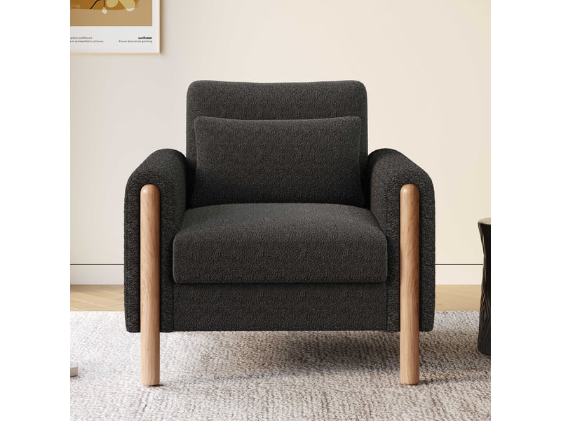  Fauteuil 1 place en tissu bouclé 87 x 83 x 88,5 cm avec coussin amovible et pieds en bois - gris foncé Fay Lum - Conforama B