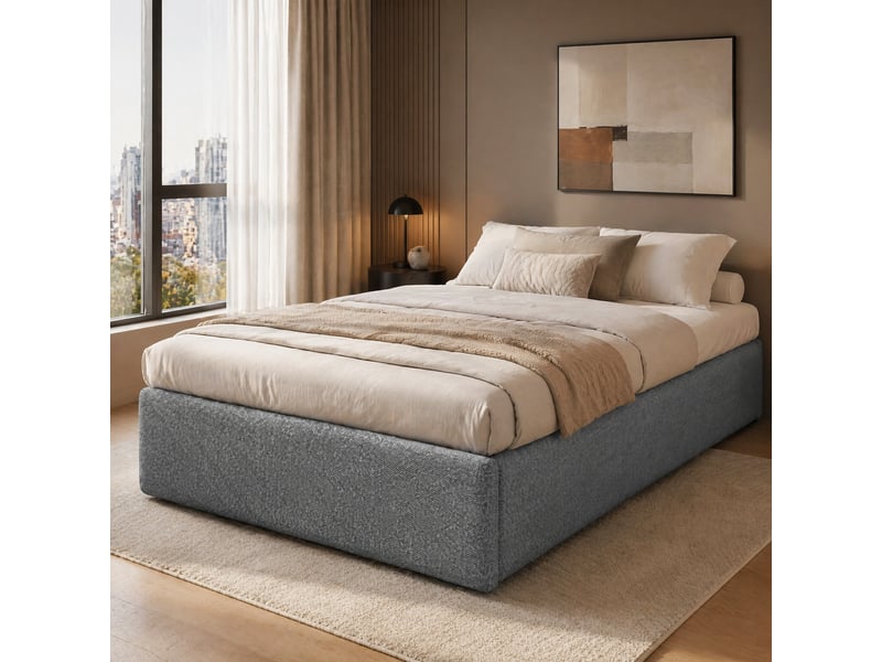 Sommier coffre 90x200 cm gris en tissu coton et lin avec tiroir, sans tête de lit - Conforama E