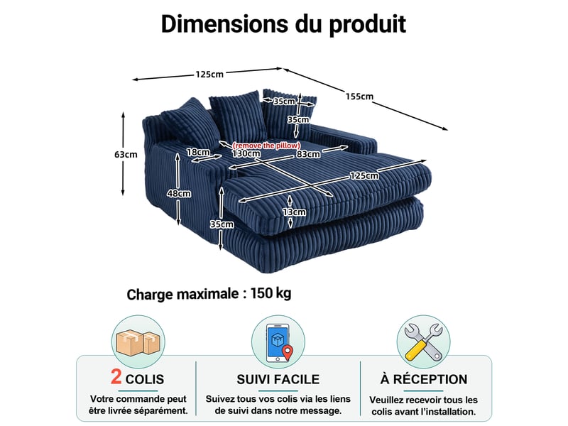  Méridienne au sol avec 3 coussins et dossier ergonomique en velours côtelé bleu marine, 125×155×63 cm  - Conforama D