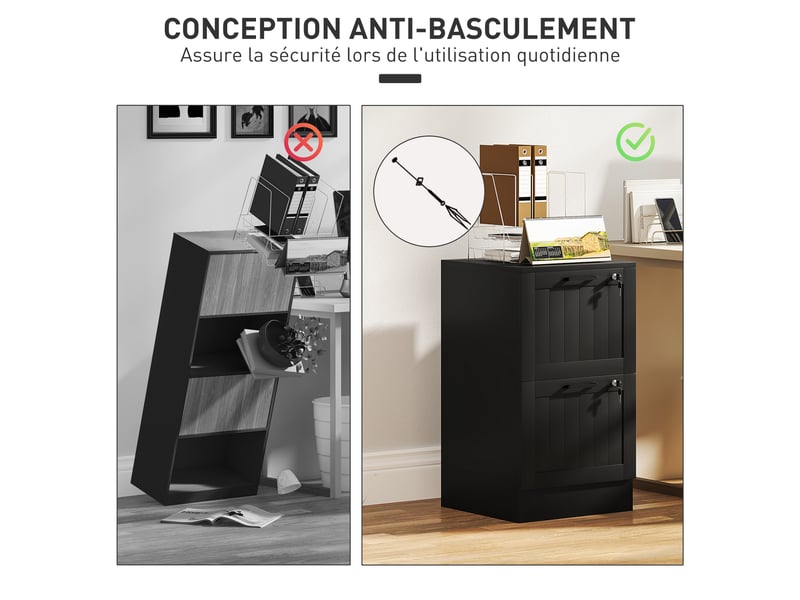  Caisson bureau, meuble rangement bois 2 tiroirs et serrure, barres de suspension réglables, noir, 40 x 40 x 71 cm  - Conforama W