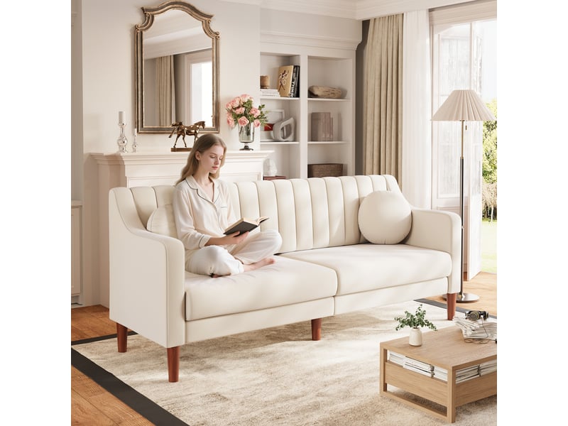 Grand canapé 3 places en velours avec 2 oreillers,pieds bois massif,canapé scandinave moderne pour salon bureau, 206x74x83cm, beige 206x74x83cm - Conforama W