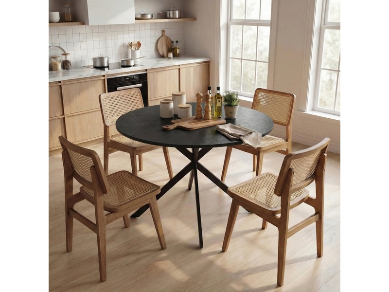  Table de salle à manger ronde 4 personnes en bois et acier pour cuisine ø100 cm noir industriel  - Conforama B