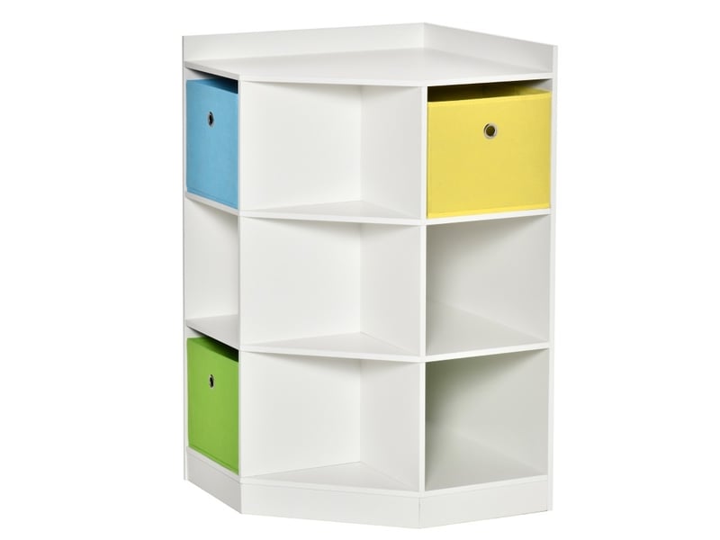  Meuble de rangement d'angle enfant 57,4 x 57,4 x 94 cm – blanc – 9 compartiments avec 3 bacs de tissu  - Conforama A