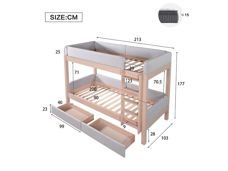  Lit superposé enfant 90x200 cm avec 2 tiroirs et escalier droit, gris et naturel  - Conforama E