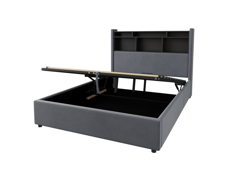  Lit coffre adulte 140x200 cm avec led, station de charge et rangement à ouverture hydraulique, velours gris foncé  - Conforama E