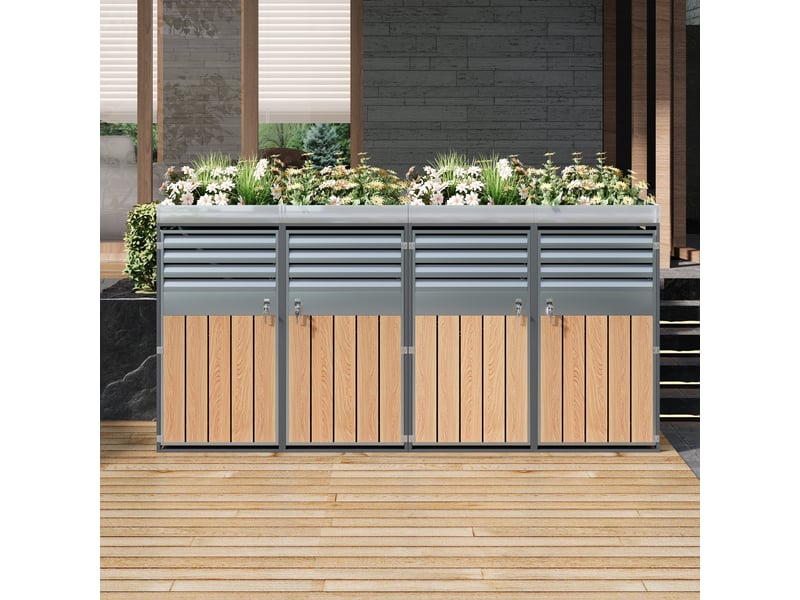 Placard à poubelles avec jardinière - quatre portes - verrouillable - ventilation optimale - acier galvanisé Gris , Bois - Conforama B
