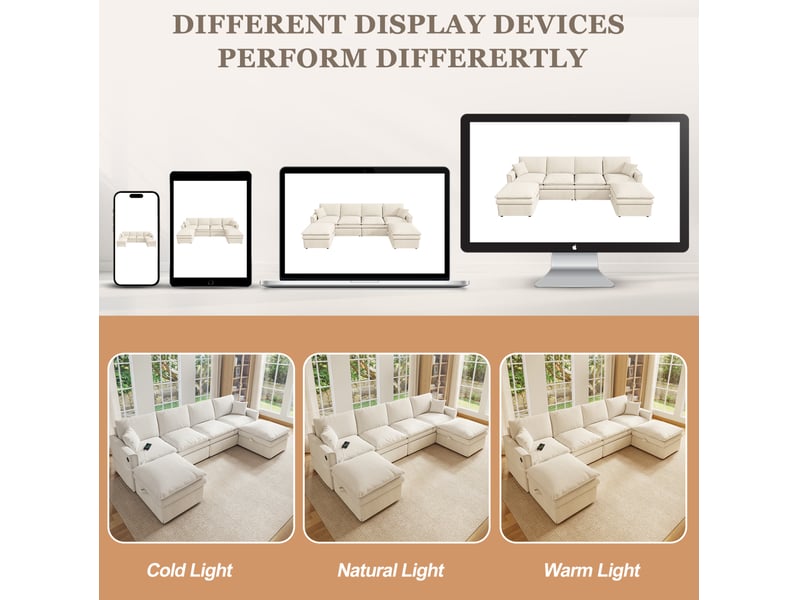 Canapé d'angle modulable 6 places 277 x 135 x 80 cm beige coton lin, 2 poufs avec rangement usb type-c - Conforama E