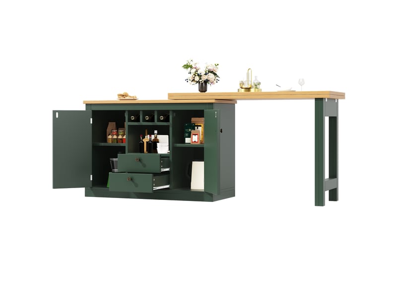  Table de bar extensible vert foncé 120–180cm, rotation 360°, rangement, longueur réglable, pour salon, salle à manger et bureau  - Conforama A