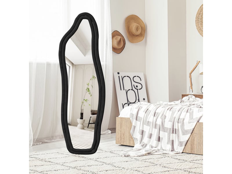 Miroir corps-entier 140x45cm - miroir sur pied asymétrique, au design vague avec cadre en tissu - noir - Conforama D