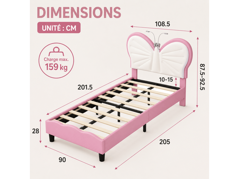  Lit enfant pour une fille 90x190 - sommier à lattes + liseuse + dossier rembourré - tête de lit réglable - 1 personne - lit fille 90x190cm avec led - lit enfant rembourré avec sommier à lattes - tête de lit réglable en papillon …  - Conforama R
