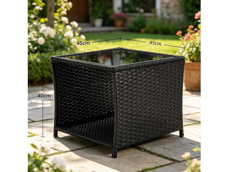  Table d'appoint de jardin 45x45x40 cm noire en résine tressée, plateau en verre et rangement ouvert  - Conforama C
