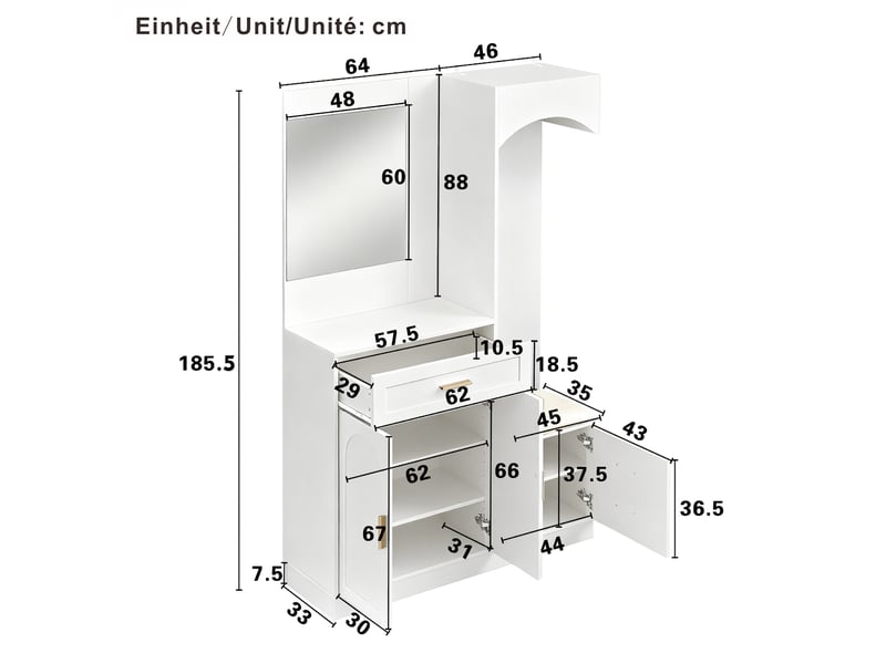  Vestiaire d'entrée avec meuble à chaussures banc et miroir blanc 110x33x185.5 cm GL0712W - Conforama C
