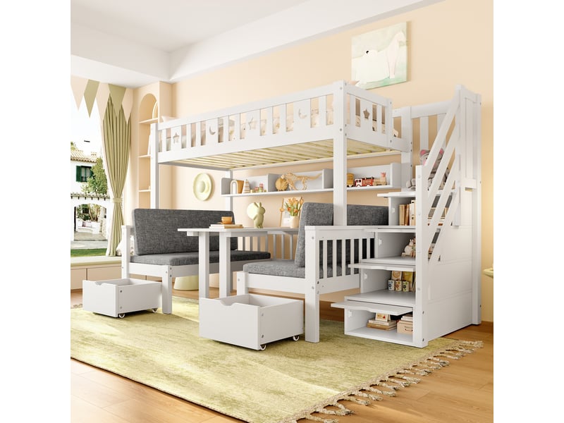  Lit mezzanine blanc 90×200 cm en pin, avec bureau convertible, escalier de rangement, décor étoiles et lune  - Conforama B