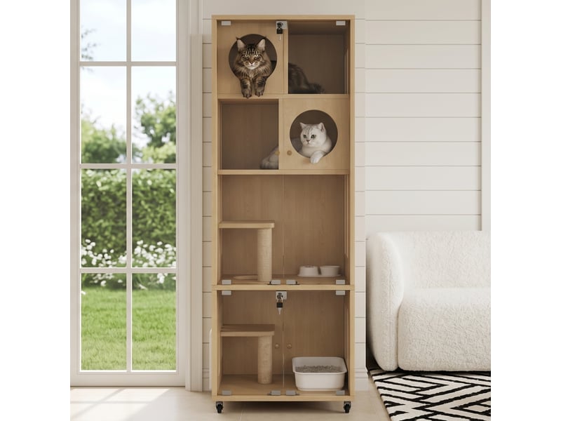 Meuble vitré mobile 60 x 50 x 156 cm, avec roulettes, trappe d’accès et serrure, finition naturelle  - Conforama D