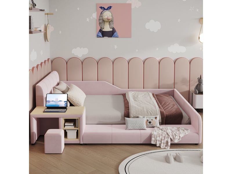  Lit enfant 140x200cm - avec bureau latéral, tabouret et étagères de rangement intégrés, tête de lit et rebords de sécurité – velours – rose  - Conforama E