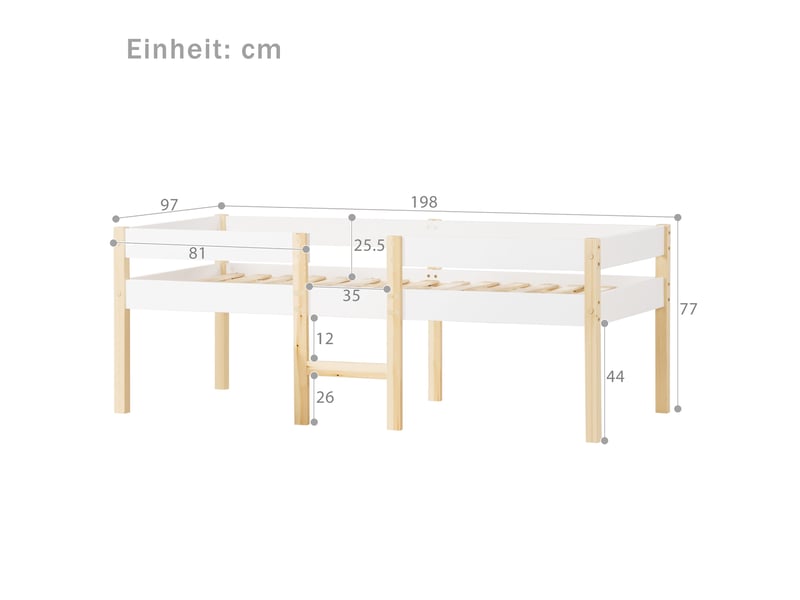  Lit enfant 90 x 190 cm avec protection contre la chute, blanc - chêne, lit mi-hauteur pin massif  - Conforama C